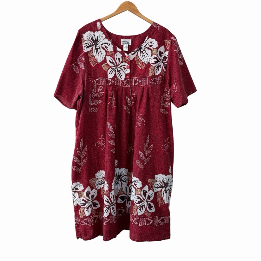 Anthony Richards Women's Red Floral Hawaiian MuuMuu House Dress Pockets 3XL Plus - Picture 2 of 13